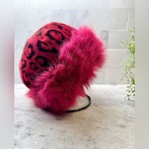 New Women’s Winter Cranberry Red Leopard Print Faux Fur Hat - Adult Size